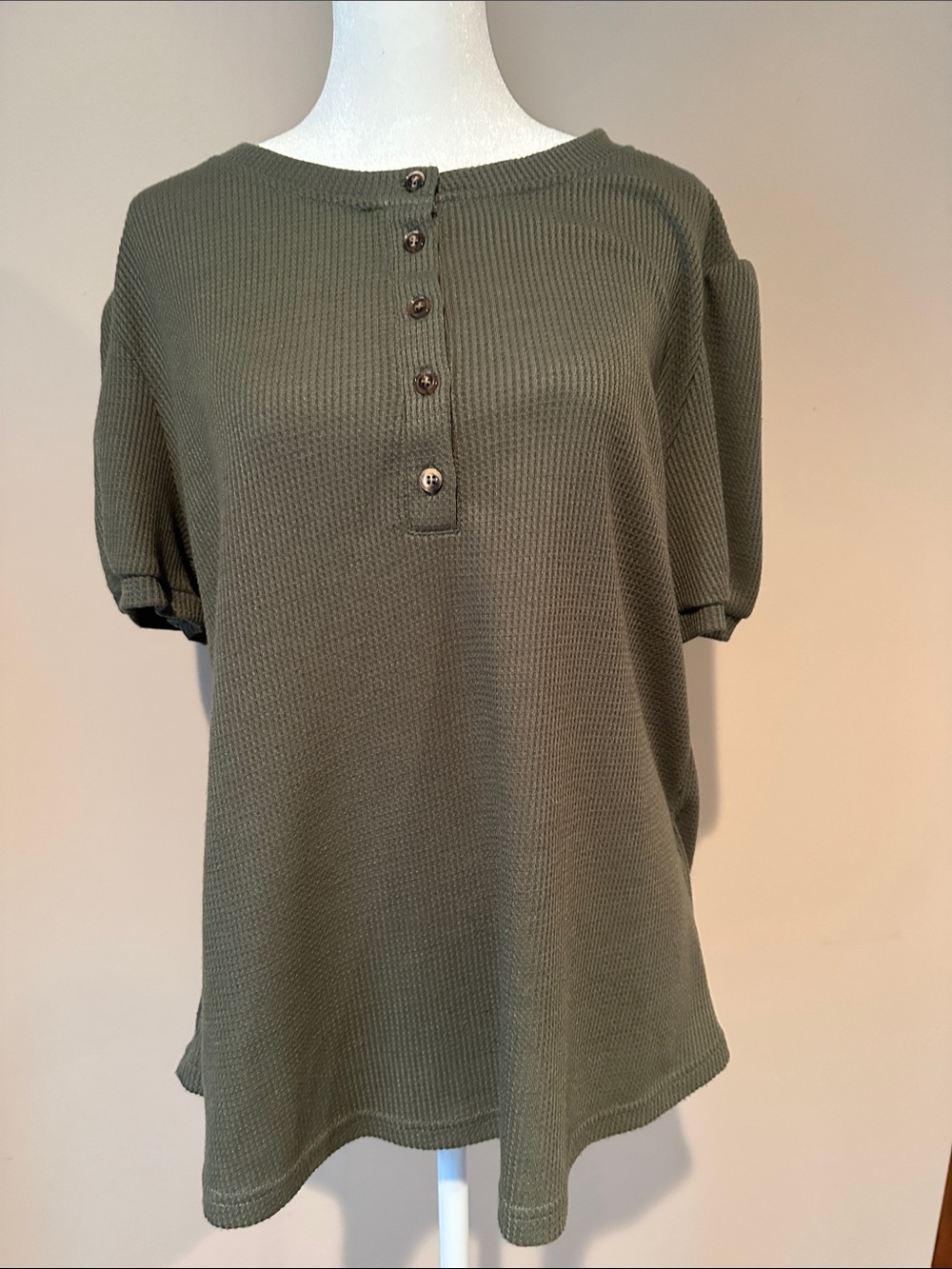 Olive Green Henley Waffle Knit Short Sleeve Top